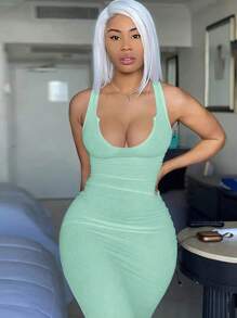 SHEIN 大码纯色露背简约连衣裙，适合夏季 - 薄荷綠 - 查看 3