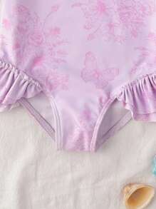 Baby Girl Butterfly Print Ruffled Cap Sleeve One-Piece Swimsuit - Pink - View 5
