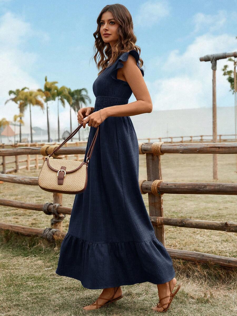 SHEIN LUNE V-Neck Ruffle Trim Cap Sleeve Cinched Waist Ruffle Hem Flared Dress, Casual & Vacation - Blue - View 1