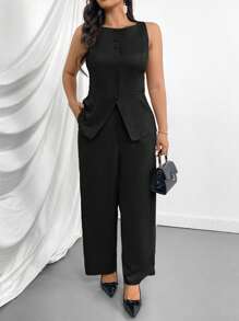 Firerie Plus Size Women's Business Suit Vest With Faux Pocket Detail, V-Neck Khaki Jacket And Pants 2 Pieces Set - Black - View 1