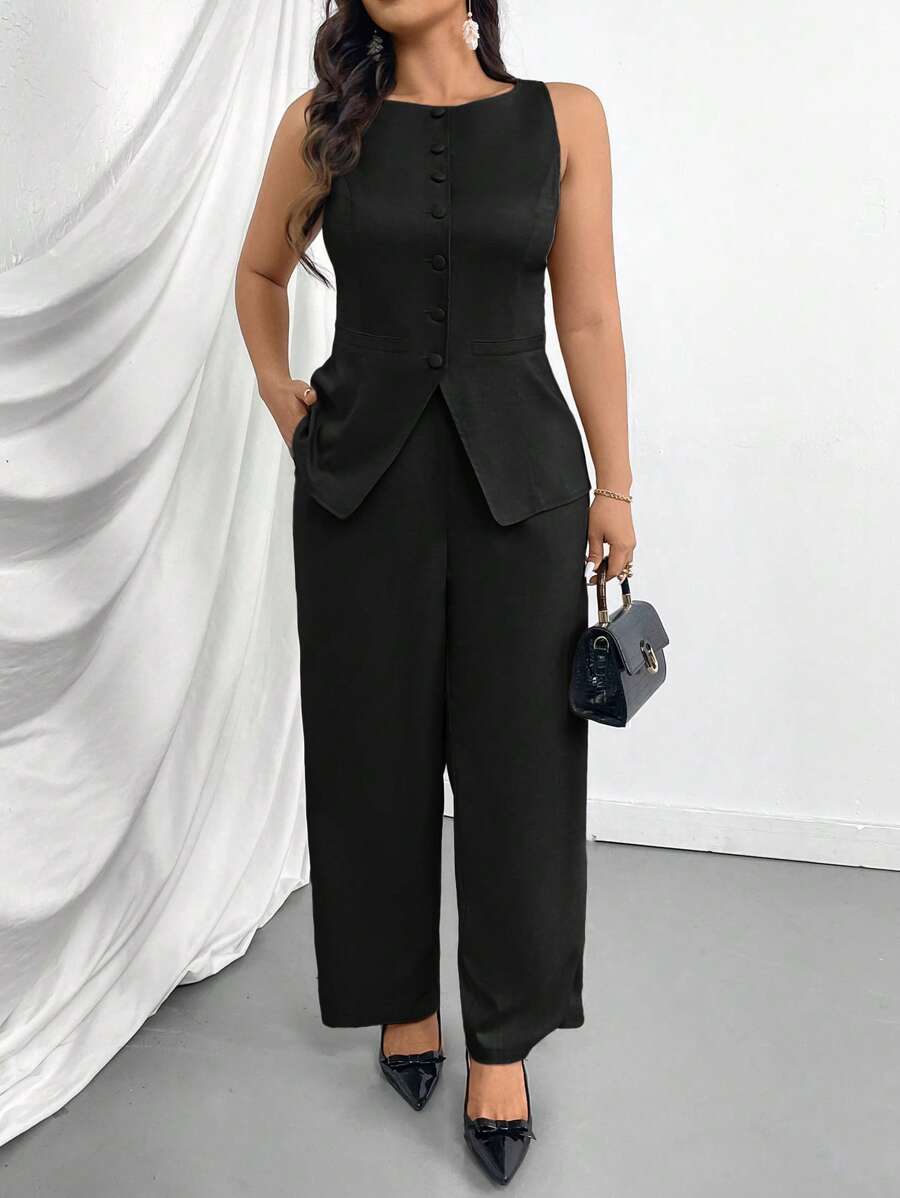 Firerie Plus Size Women's Business Suit Vest With Faux Pocket Detail, V-Neck Khaki Jacket And Pants 2 Pieces Set - Black - View 1