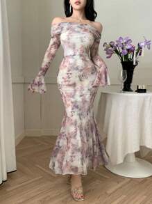 DAZY Mid-Length Floral Print Wrap Dress For Women, Spring/Summer Elegant Off Shoulder Top Easter - Multicolor - View 7
