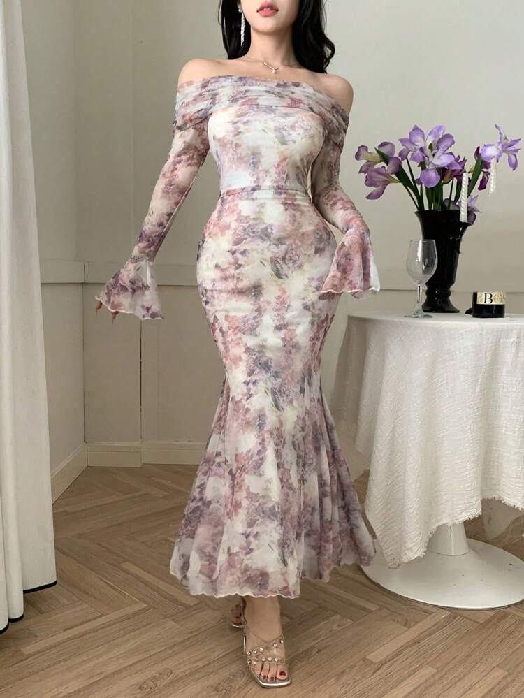 Mid-Length Floral Print Wrap Dress For Women, Spring/Summer Elegant Off Shoulder Top Easter