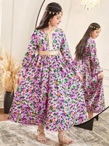 SHEIN Tween Girl Floral Print Gold Ribbon Trim Ruffle Long Sleeve Dress - Purple - View 1