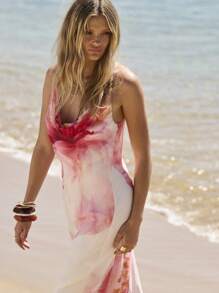 Aralina 花卉印花围脖领链带夏季长裙 - 粉色 - 查看 5