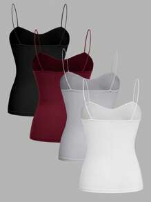 SHEIN EZwear Set de 4 camisetas de tirantes finos estilo ajustado, disponibles en negro, vino tinto, gris y blanco, apropiadas para la primavera y el verano - Multicolor - Ver 2