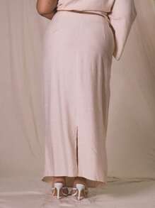 MUSERA 加长编织系带直筒半身裙，假日优雅夏季款 - 卡其色 - 查看 4