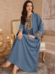 Al Najma 女士春夏 3D 花卉提花阿拉伯传统长袍，端庄 - 霧霾藍 - 查看 1