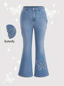 SHEIN MOD 大码蓝色弹力修身喇叭牛仔裤高腰牛仔裤高弹力蝴蝶装饰牛仔裤适合夏季、度假、复活节、春季、西部、办公室狂欢、金钱风格、外出、风骚、节日、牛仔竞技、机场 Kpop， - 藍色 - 查看 1