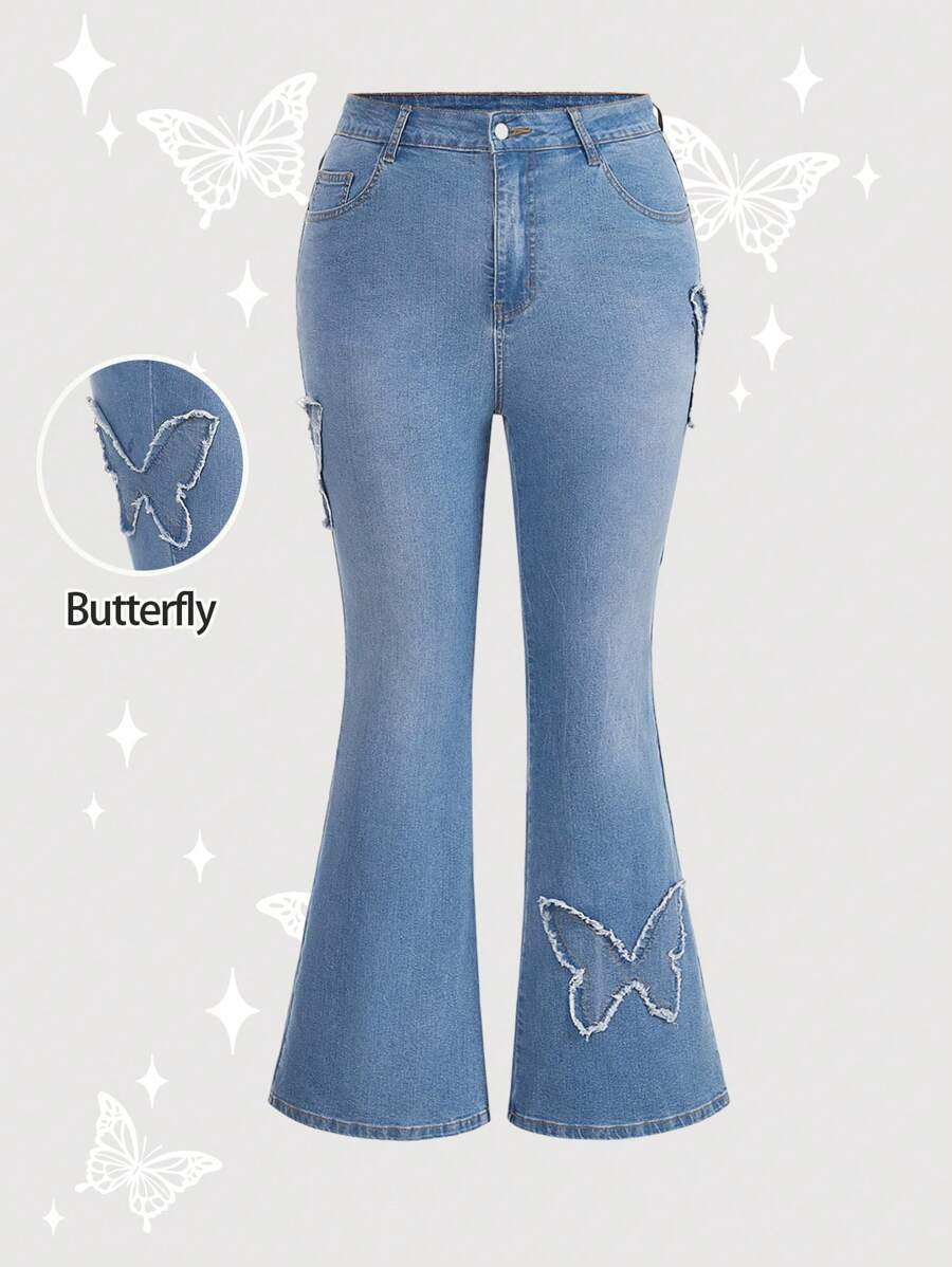 SHEIN MOD 大码蓝色弹力修身喇叭牛仔裤高腰牛仔裤高弹力蝴蝶装饰牛仔裤适合夏季、度假、复活节、春季、西部、办公室狂欢、金钱风格、外出、风骚、节日、牛仔竞技、机场 Kpop， - 藍色 - 查看 1