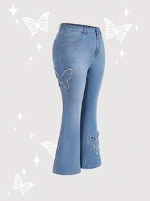 SHEIN MOD 大码蓝色弹力修身喇叭牛仔裤高腰牛仔裤高弹力蝴蝶装饰牛仔裤适合夏季、度假、复活节、春季、西部、办公室狂欢、金钱风格、外出、风骚、节日、牛仔竞技、机场 Kpop， - 藍色 - 查看 3