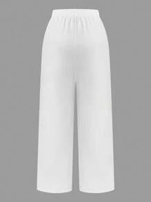 SHEIN PETITE Pantalones casuales holgados de talla grande para mujer con primavera/verano, color blanco con botones decorativos negros, cintura elástica y bolsillos reales. Versátiles y cómodos para el transporte, salidas y uso diario
