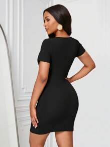 SHEIN Clasi Solid Color Square Collar Metal Button Fitted Elegant Women Dress - Black - View 2