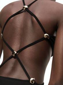 Maija 2025 Summer New Backless Crisscross Strap Design Sea Shell Metal Decor Buckle Dress, Retro Vintage Style Suitable For Home, Office, Music Fest, Beach Vacation, Casual, Romantic, Sexy, Elegant Party, Wedding Guest, Graduation, Women Easter Off The Shoulder Top