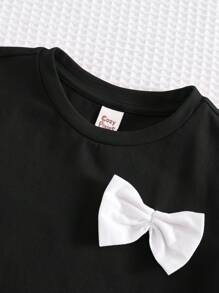 Cozy Pixies Baby Girl Soft Knit Colorblock Bow Round Neck Short Sleeve Pullover Shirt - Black - View 4