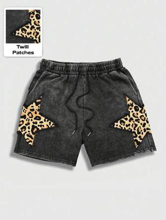 ROMWE Avant Pantalones cortos casuales con cordón en la cintura y estampado de leopardo y estrellas para volver al colegio