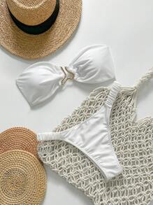 Swim Mod Springbreak 女式纯色无肩带金属装饰系带两件套比基尼泳装套装，夏季沙滩装 - 白色 - 查看 1
