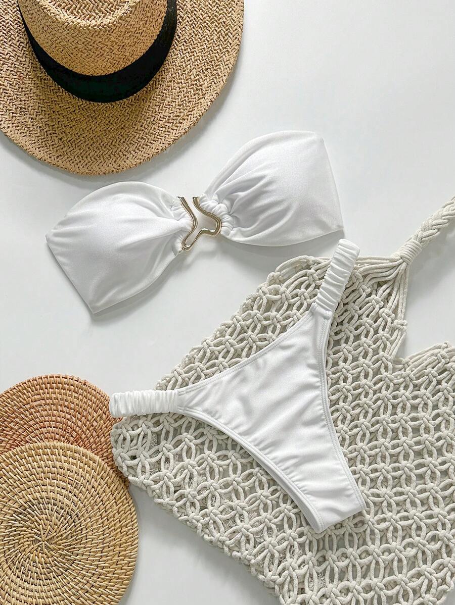 Swim Mod Springbreak 女式纯色无肩带金属装饰系带两件套比基尼泳装套装，夏季沙滩装 - 白色 - 查看 1