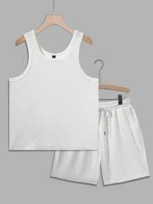 Manfinity Roghcode Men's Tank Top And Shorts Set, Minimalist Style Suitable For Summer Men Shorts 2 Pieces Set Men 2 Pieces Short Sets Men Shorts 2 Pieces Set Men Two Pieces Set Summer - White - View 1