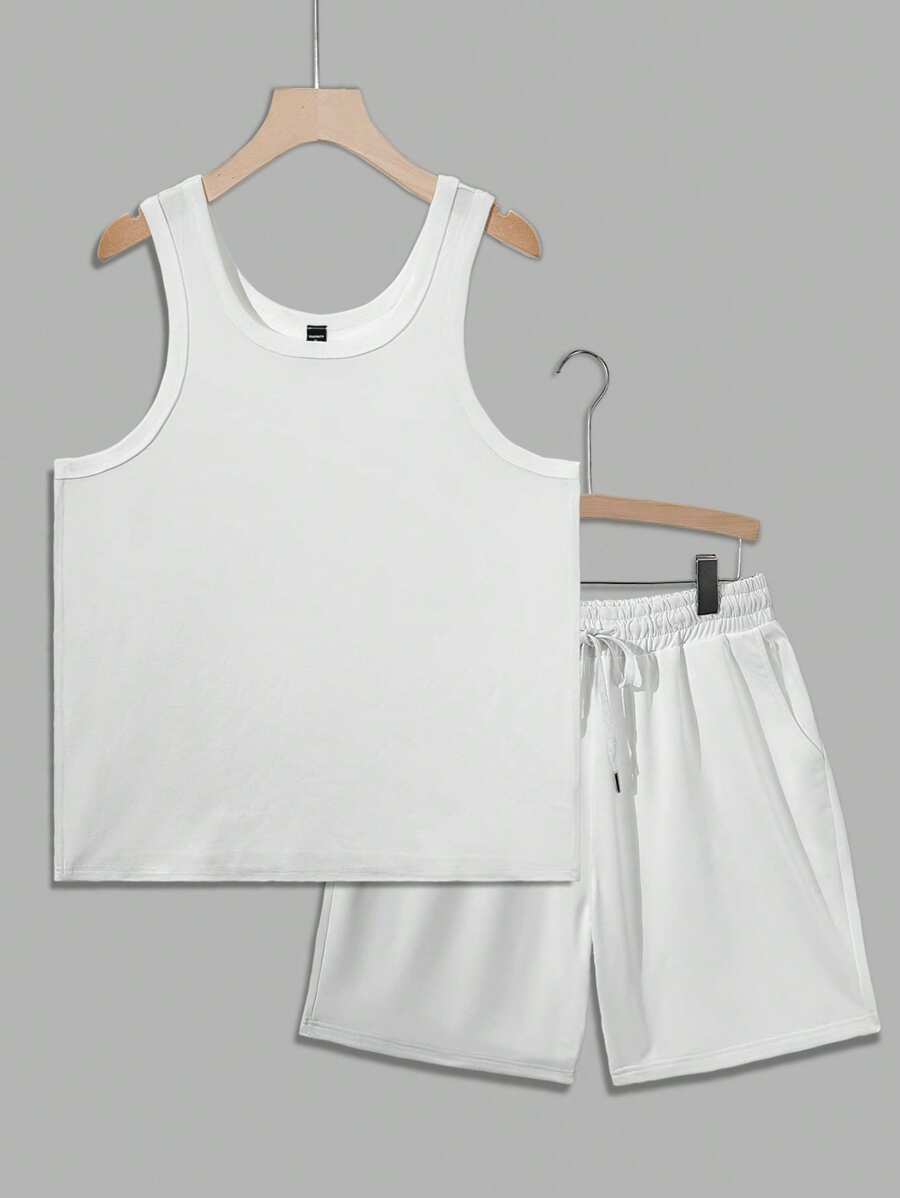 Manfinity Roghcode Men's Tank Top And Shorts Set, Minimalist Style Suitable For Summer Men Shorts 2 Pieces Set Men 2 Pieces Short Sets Men Shorts 2 Pieces Set Men Two Pieces Set Summer - White - View 1