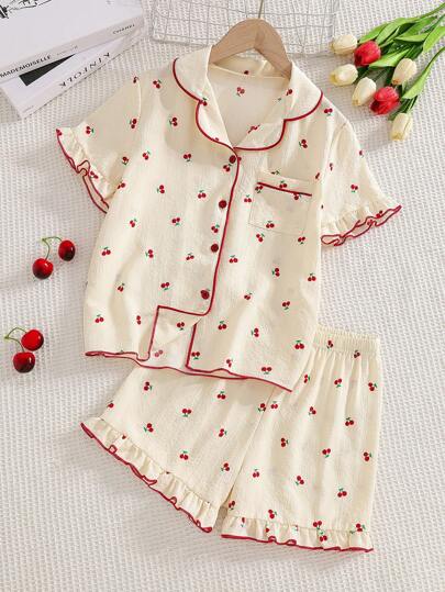 Genkimix Kids Bộ đồ ngủ cho bé gái tuổi teen, bộ đồ ngủ 2 món tay ngắn và quần short in họa tiết quả anh đào thanh lịch