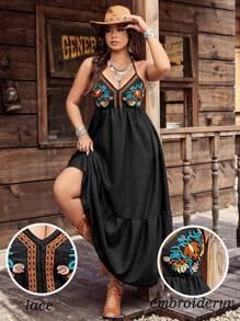 SHEIN LUNE Plus Size Women Floral Print Halter Neck Ruffle Hem Vacation Dress - Black - View 1