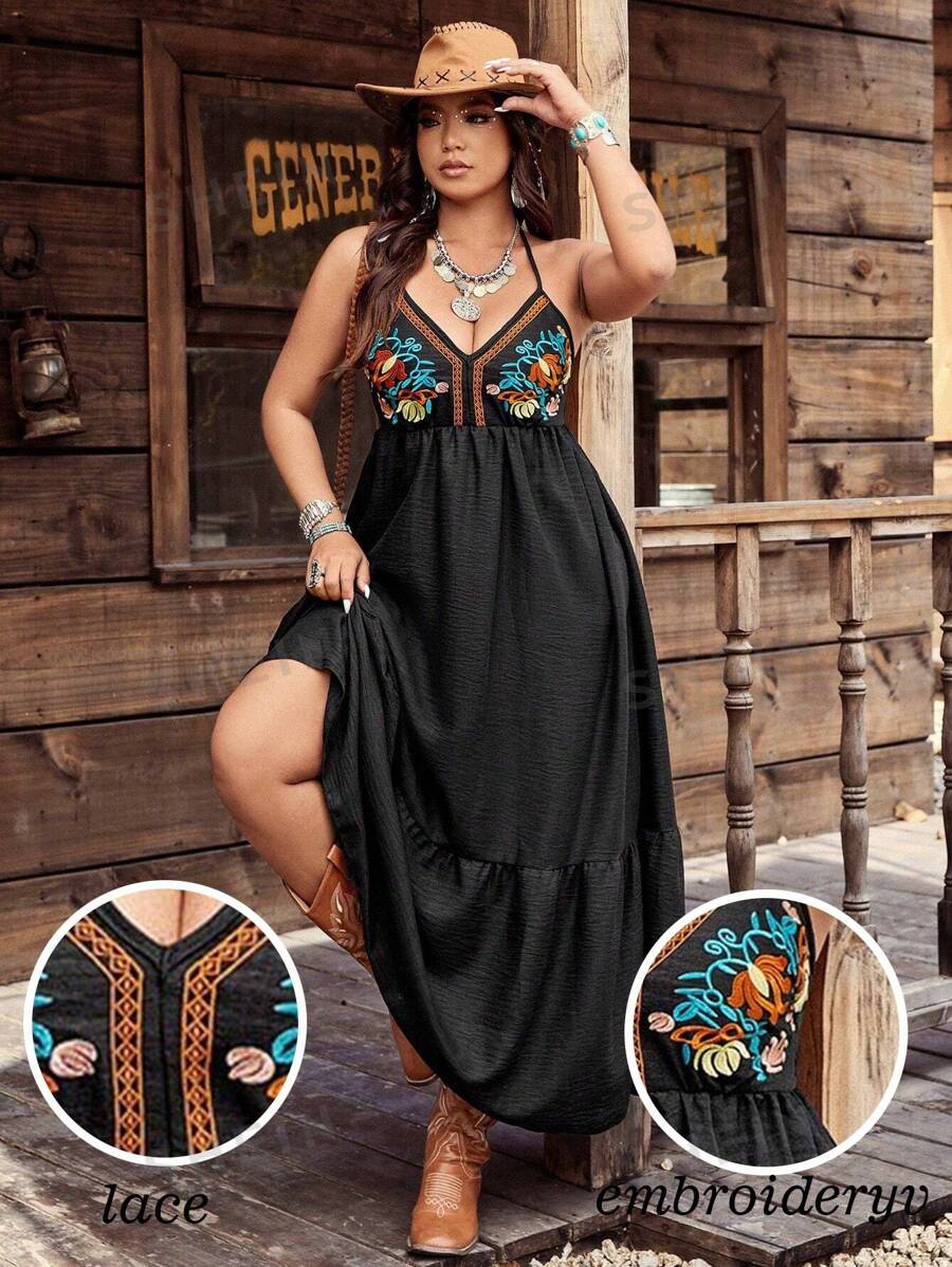 SHEIN LUNE Rochie de vacanță pentru femei cu imprimeu floral și gât cu volan cu tiv - Negru - Vizualizare 1