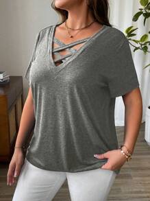 SHEIN Holidaya Plus Size Women's Knit Criss-Cross Neck Short Sleeve T-Shirt, Summer - Grey - View 4