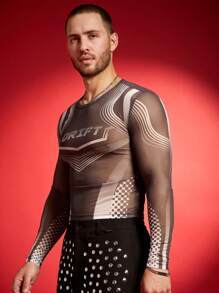 FeverCity 男士数码印花网眼长袖修身 T 恤 - 灰色 - 查看 3