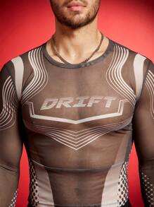 FeverCity 男士数码印花网眼长袖修身 T 恤 - 灰色 - 查看 5