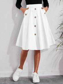 SHEIN Clasi Casual Front Button Mid-Length A-Line Skirt - White - View 3