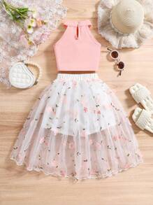 SHEIN Glamorique Kids 2 件套年轻女孩春秋时尚休闲度假无袖上衣和花卉网状短裙套装 - 粉色 - 查看 2