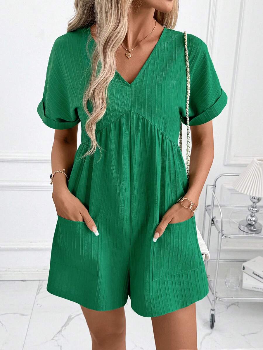 SHEIN Clasi Bộ đồ liền thân tay ngắn dệt jacquard cổ chữ V màu xanh lá cây cho nữ - Trang phục thanh lịch hàng ngày, Xuân/Hè - màu xanh lá - Xem 1