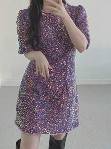 DAZY Vestido de Festa Mini Ajustado de Gola Redonda com Manga Bufante de Lantejoulas, Vestido de Formatura de Luxo, Vestido Elegante Feminino, Vestido de Ano Novo, Vestido Cintilante, Roupas de Férias Boho para Mulheres - Roxo empoeirado - Visão 1