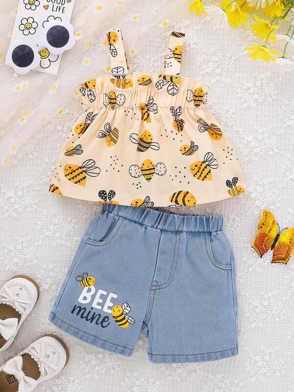 SHEIN 2pcs Baby Girls' Loose Sleeveless Vest Top + High Waist Bee & Letter Print Casual Shorts Set, Versatile Daily Wear, Summer New Arrival