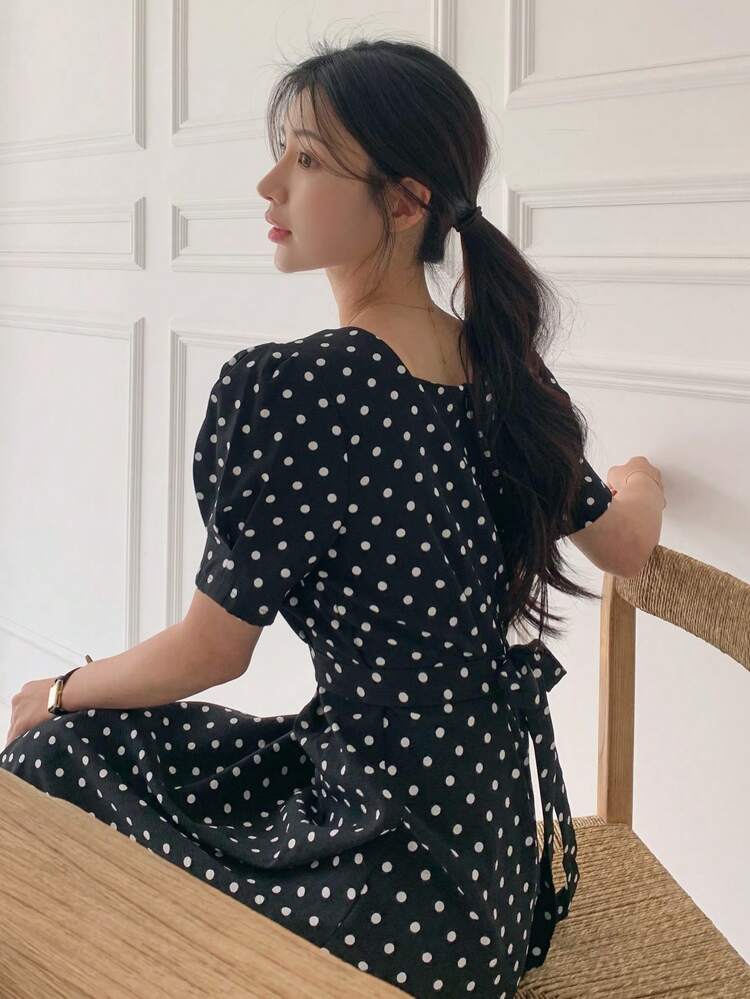 Women's Mini Square Collar Polka Dot Puff Sleeve Bowknot Waist Elegant Mid-Length Dress Milkmaid Dress Women Summer Blouses Women Top Women Summer Set, Casual Women Dress