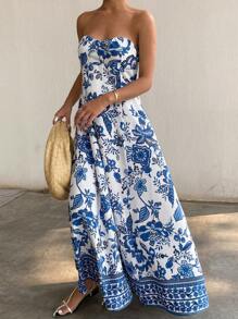 DAZY Vestido midi de tirantes con volantes y estampado de plantas, vestido casual de vacaciones estilo boho para mujer - Azul - Ver 5