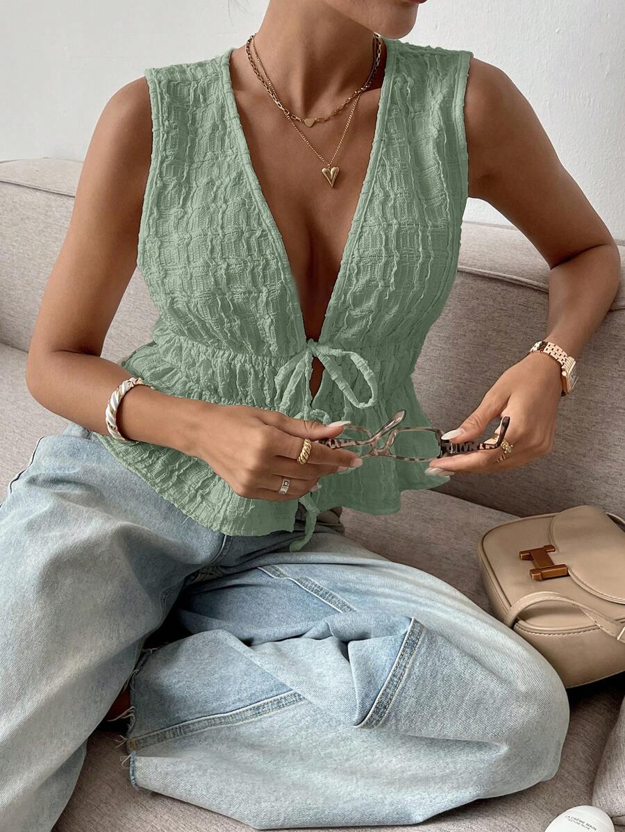 SHEIN Frenchy Women's Summer Casual Solid Color Textured Strap Camisole Green Christmas - Green - View 1