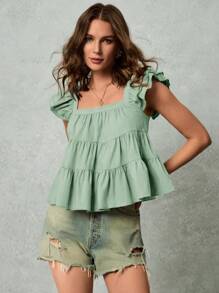 Poéselle Women's Solid Color Square Collar Casual Shirt, Suitable For Summer - Mint Green - View 6