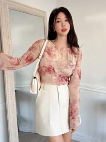 DAZY Blusa casual con maniche a campana e stampa floreale strutturata, adatta per primavera ed estate, top a maniche lunghe e trasparenti per donne, ideale per vacanze e Pasqua - Rosa - Visualizzare 5