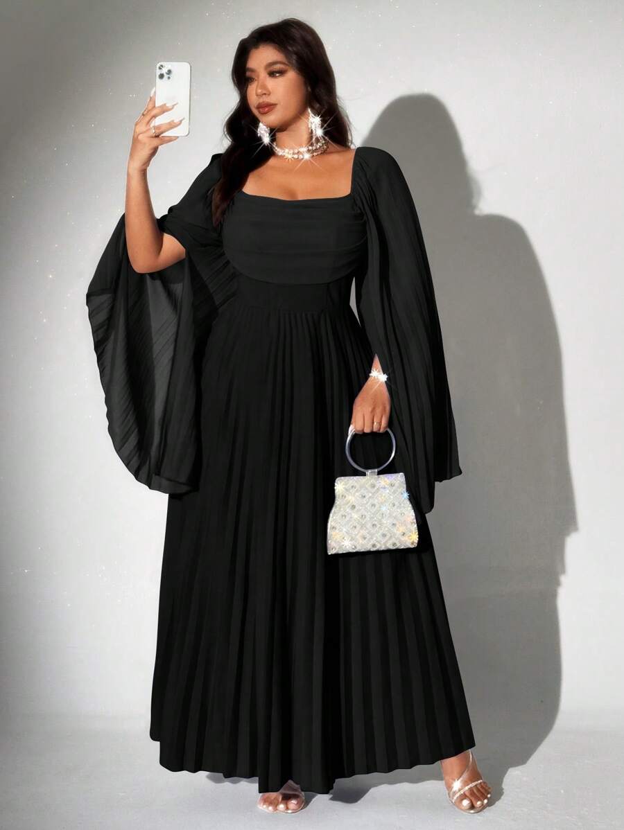 Viva Relle 大码女式优雅浪漫派对褶皱雪纺长袖连衣裙 - 黑色 - 查看 1
