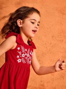 SHEIN Vestido de niña pequeña con bordado rojo y patrón lindo para el verano - Rojo - Ver 4