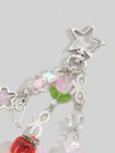 Kawaii Porte-clés motif mignon et simple de fleur/fraise/nœud/étoile de style Y2K, utilisé pour la décoration de sac/bagage, cadeau de vacances