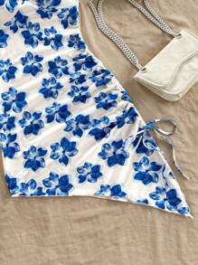 Soleia 女士度假风格白底蓝花浪漫印花不对称下摆挂脖蝴蝶结修身紧身连衣裙，时尚秋冬分层单品 - 藍白色 - 查看 3