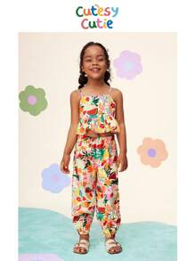 2 buc/Set Young Girl Ditsy Floral Carasol Top și pantaloni largi cu șnur - Multicolor - Vizualizare 1