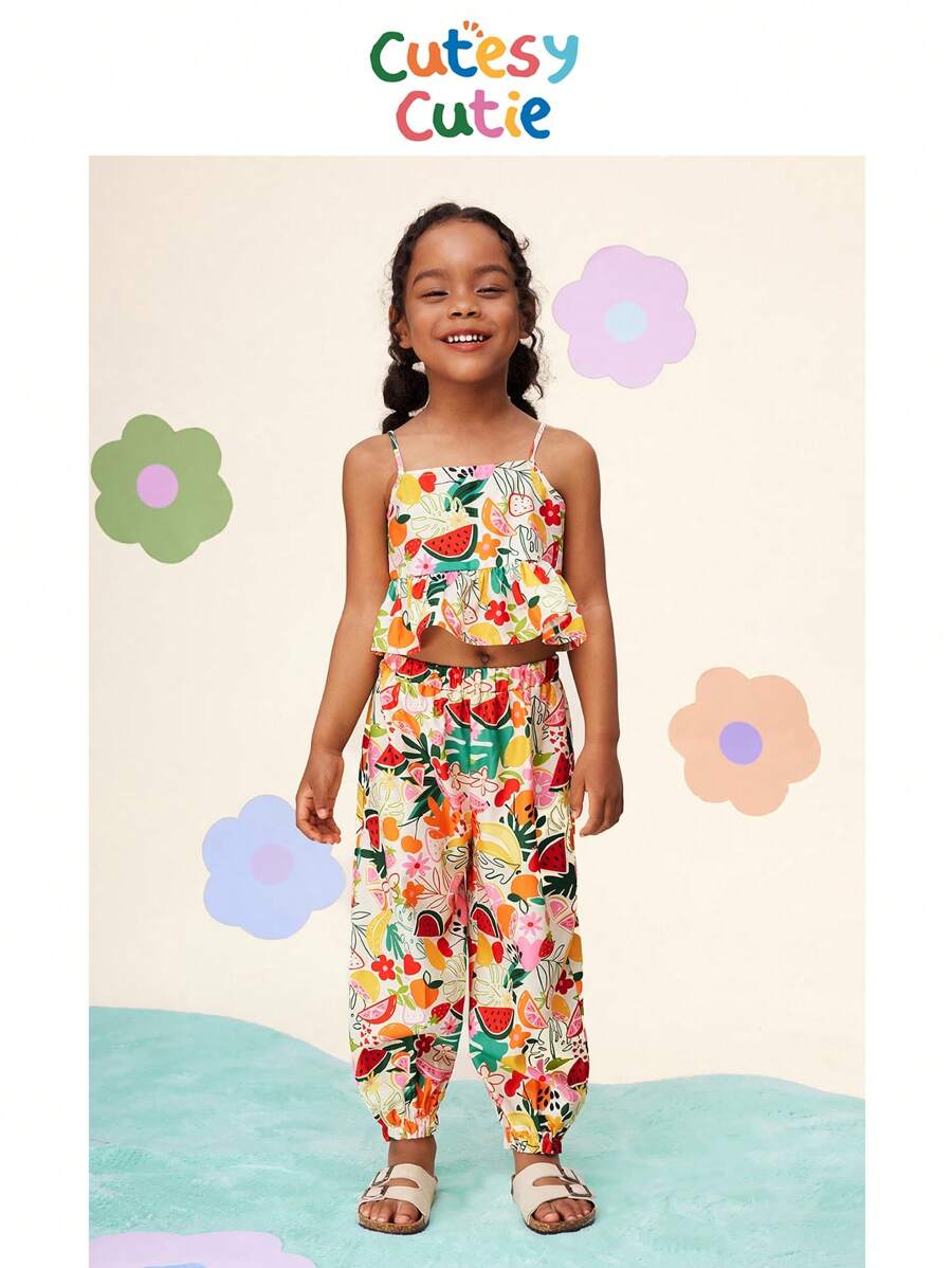 2 buc/Set Young Girl Ditsy Floral Carasol Top și pantaloni largi cu șnur - Multicolor - Vizualizare 1