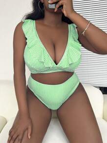 Slaydiva Plus Size Women V-Neck Split One-Piece Swimsuit, Fashionable Casual Beach Vacation Set For Summer