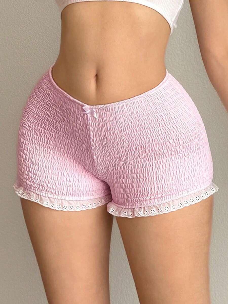 EgrlEra Quần short mini dệt kim bo gấu nhún bèo chi tiết nơ cho nữ - Hồng - Xem 1