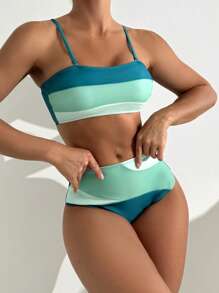 SHEIN Swim Women's Fashionable Vacation Colorblock Detachable Strap Swimsuit Set For Summer - Multicolor - View 5