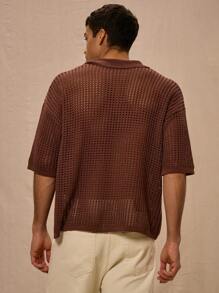 Musero Collared V-Neck Open Crochet Short Sleeved Polo Top - Chocolate Brown - View 3
